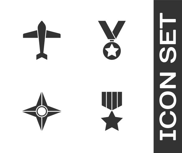 设置军事奖励奖章，喷气式战斗机，日本忍者神龙和图标。向量图片下载