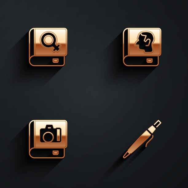 集书关于妇女，法律书，相册画廊和笔图标与长阴影。向量图片下载