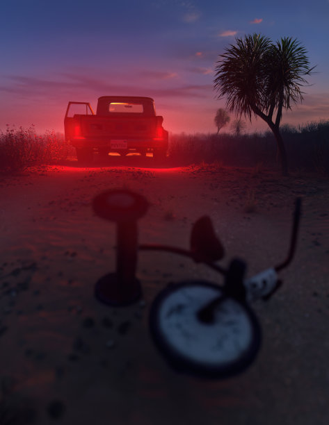 三轮车躺在地上，小货车的尾灯照亮了泥泞的道路在干旱的景观黄昏。3 d渲染。图片下载