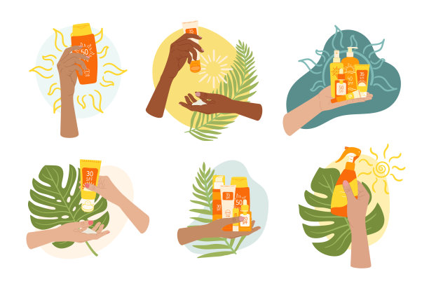 套装由女性手持防晒乳液、面霜、防晒喷雾、手掌、怪兽叶和抽象造型组成。SPF防护，防晒安全观。手绘矢量图图片下载