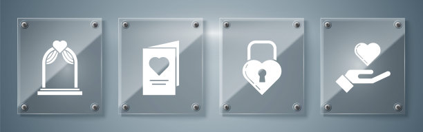 心在手上，城堡在一个心脏的形状，情人节派对传单与心脏和婚礼拱门。方形玻璃板。向量图片下载