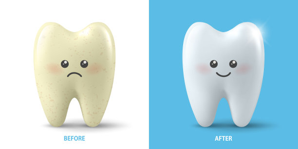 矢量横幅与现实的悲伤和快乐的牙齿。清洁概念-清洁牙齿前后。牙科的设计。医疗，牙膏广告。健康口腔卫生，美白牙齿图片下载