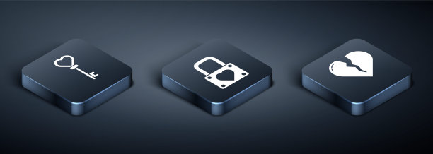 设置等距键心形，心碎或离婚和锁和心脏图标。向量图片下载