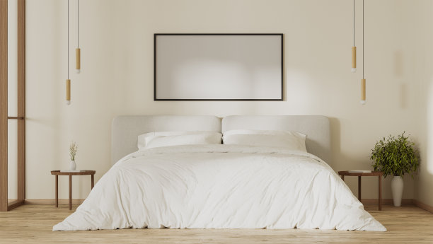 现代卧室室内床上的相框模型，3d渲染图片下载