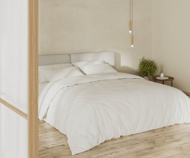 卧室内部模拟大床靠近，床头柜与吊灯上方，阳光在墙上，3d渲染图片下载