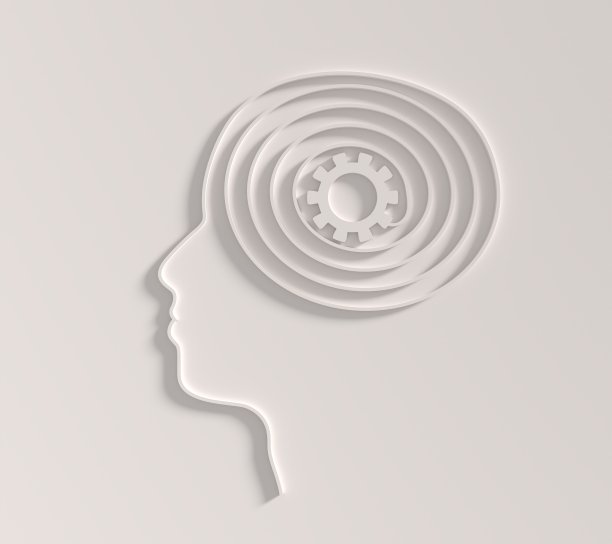 个人成长和发展。商业和教育理念。比喻解决问题，混乱和混乱，困难的情况。螺旋的方式，齿轮在头部作为思想。三维渲染图片下载
