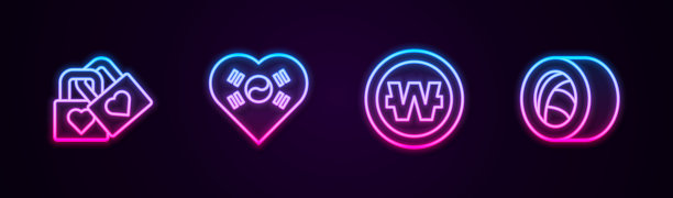 设线锁与心，爱韩国，韩元硬币和寿司。发光的霓虹灯图标。向量图片下载