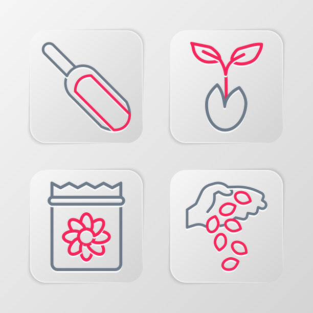 设置线种子，包装充满种子的植物，发芽和勺面粉图标。向量图片下载