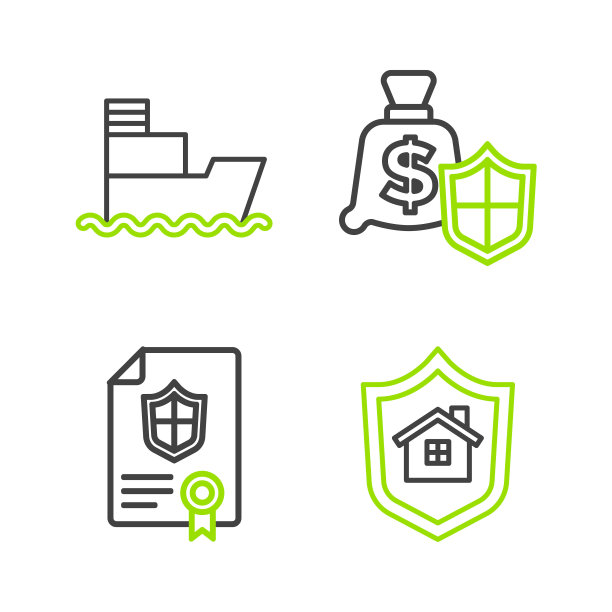 设置线房子与盾牌，合同，金钱和船的图标。向量图片下载