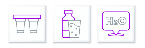 设置H2O，滤水器，瓶装水的化学配方，带有玻璃图标。向量图片下载