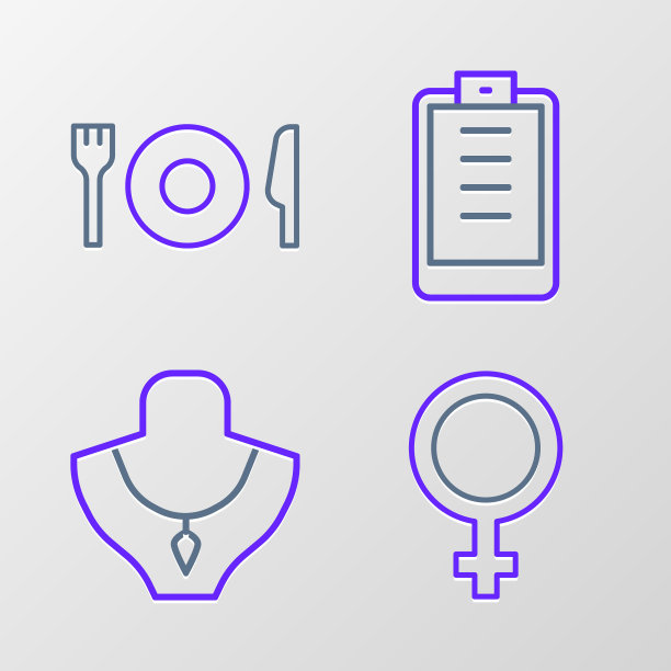 设定线女性性别符号，项链在人体模型上，剪贴板清单和盘子，叉和刀的图标。向量图片下载
