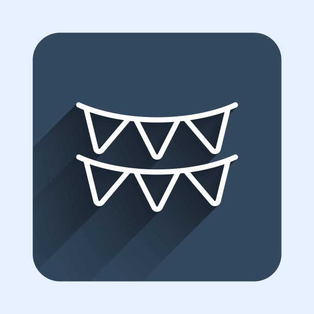 白线嘉年华花环与旗帜图标隔离与长阴影背景。Party三角旗用于生日庆祝，节日装饰。蓝色方形按钮。向量图片下载