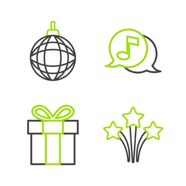 设置线烟花，礼盒，音符在演讲泡沫和迪斯科球图标。向量图片下载