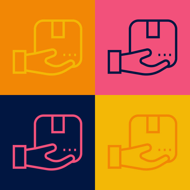 波普艺术线交付手与纸板箱图标孤立的彩色背景。由快递员送货上门。向量图片下载