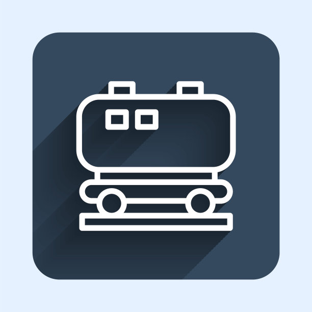 白色线条石油铁路罐车图标，长阴影背景。火车油罐车，铁路货运，石油工业。蓝色方块按钮矢量图图片下载