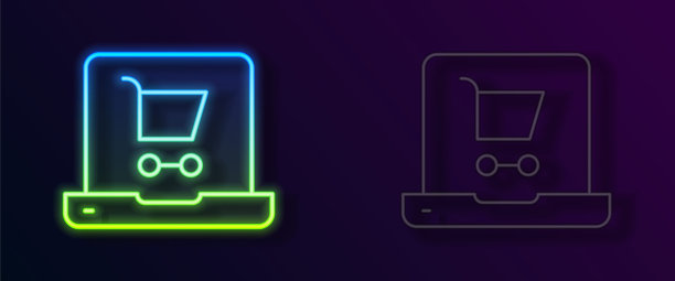 发光的霓虹灯线购物车在屏幕上笔记本电脑图标孤立的黑色背景。概念电子商务，电子商务，网上商务营销。向量图片下载