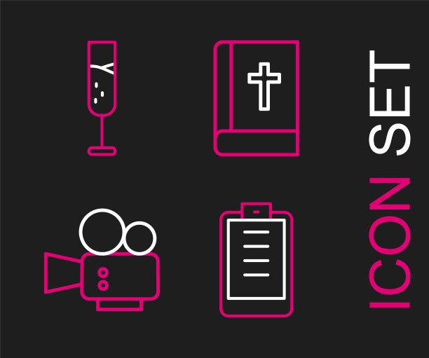 设置线剪贴板清单，电影摄像机，圣经书和香槟图标的玻璃杯。向量图片下载