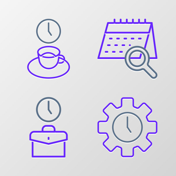 设置线时间管理，工作时间，日历搜索和咖啡图标。向量图片下载