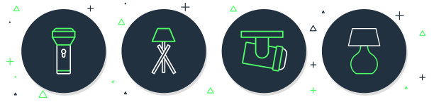 集线落地灯，Led轨道灯和灯，手电筒和表图标。向量图片下载