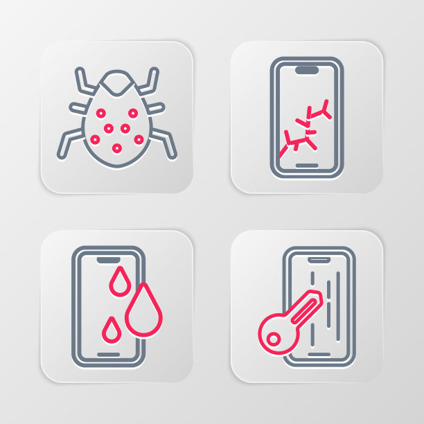 设置线玻璃屏幕保护，防水手机，手机与破碎和系统故障图标。向量图片下载