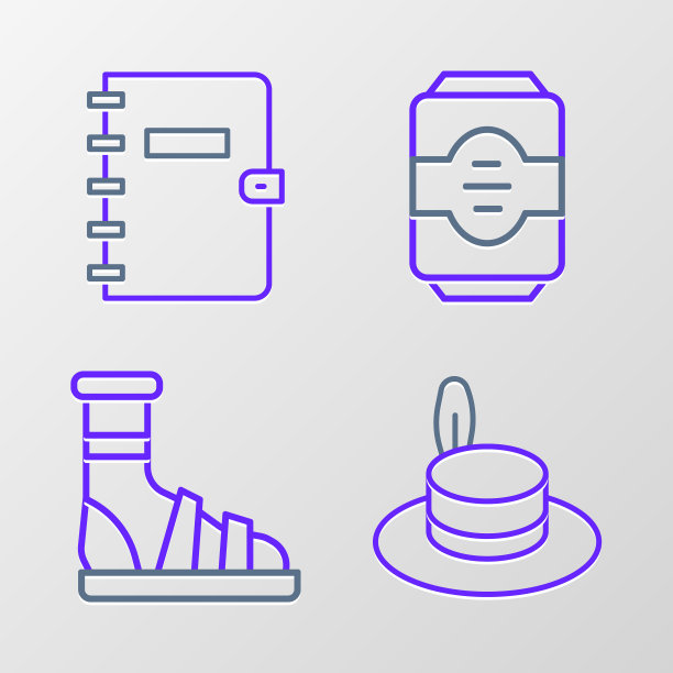 集线男子帽子，拖鞋与袜子，能量饮料和螺旋笔记本图标。向量图片下载