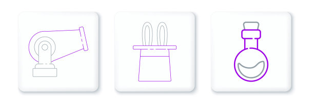 设置线瓶与爱情药水，大炮和魔术师帽子和兔子耳朵图标。向量图片下载