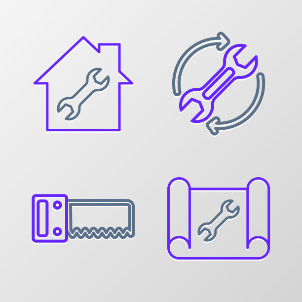 设置线绘图纸和扳手，手锯，扳手箭头作为工作流程和房屋维修图标。向量图片下载