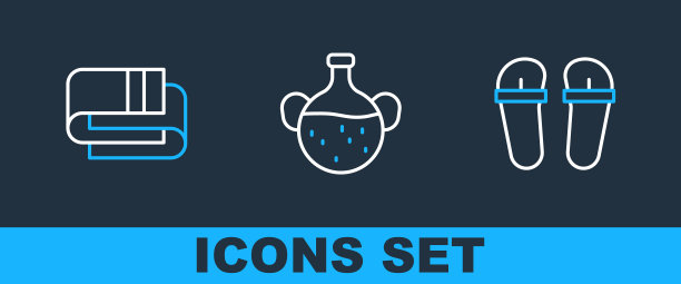 设置线人字拖，毛巾堆和精油瓶图标。向量图片下载