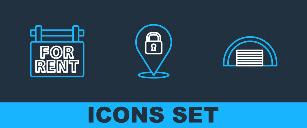 设置线车库，悬挂标志与出租和位置锁定图标。向量图片下载