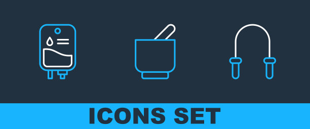 设置线跳绳，静脉输液袋和臼杵图标。向量图片下载