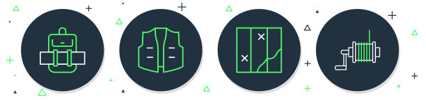 集线钓鱼夹克，折叠地图，徒步旅行背包和纺线卷轴钓鱼图标。向量图片下载
