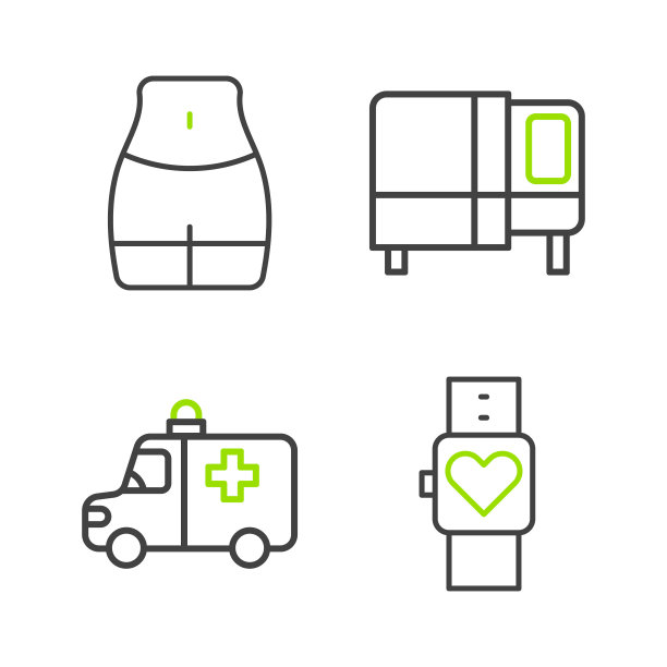 设置线智能手表，救护车和急救车，床和妇女腰图标。向量图片下载