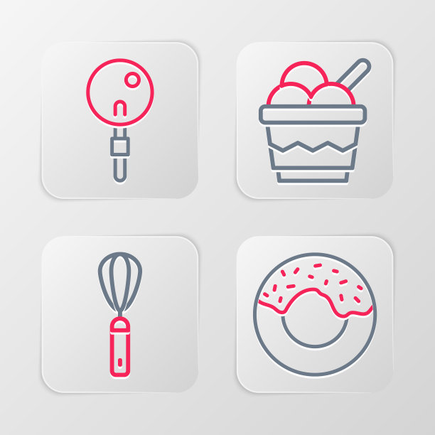 设置线甜甜圈，厨房搅拌器，冰淇淋在碗和棒棒糖图标。向量图片下载