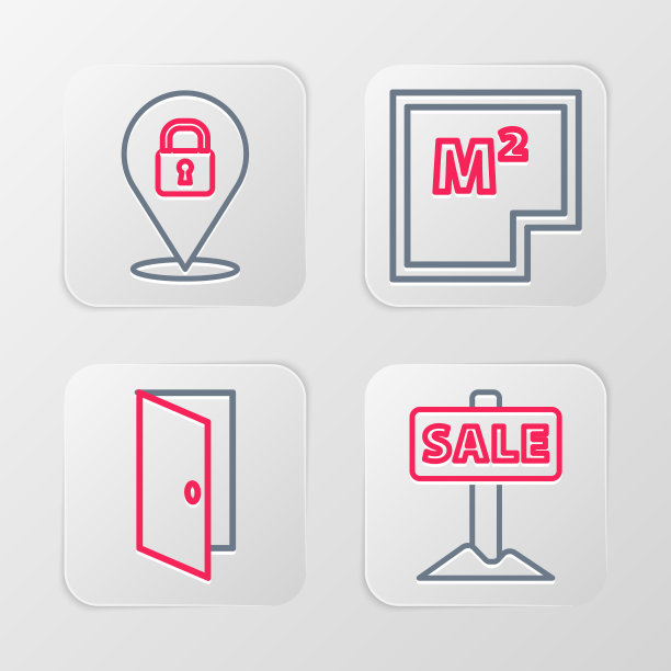 设置线悬挂标志销售，关闭的门，房屋平面图和位置锁图标。向量图片下载