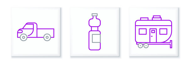集线房车露营拖车，皮卡车和瓶装水的图标。向量图片下载