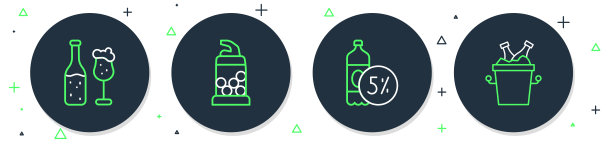 设置线开瓶器，啤酒瓶，玻璃和瓶子在冰桶图标。向量图片下载