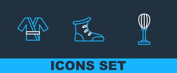集线沙袋，日本服装和服和运动拳击鞋icon。向量图片下载