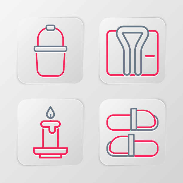 设置线桑拿拖鞋，香薰蜡烛，浴袍和桶图标。向量图片下载