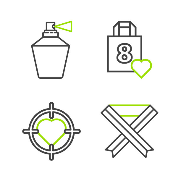 设置线乳腺癌意识丝带，心脏在中心的目标目标，购物袋与心脏和香水图标。向量图片下载