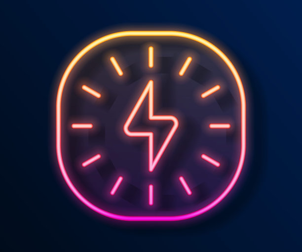 发光的霓虹线闪电闪电图标孤立的黑色背景。Flash的迹象。充电闪光图标。雷击。照明罢工。向量图片下载