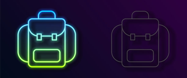 发光的霓虹线徒步背包图标孤立的黑色背景。露营和登山探险双肩包。向量图片下载