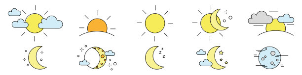 收集升起或落下的太阳，月相，云和星星的图标。白色背景上用黑色轮廓线绘制的白天和黑夜象形图。图片下载
