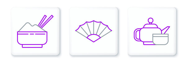 设置线日本茶道，米饭在碗与筷子和纸中国或日本折扇图标。向量图片下载