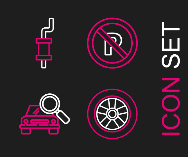 设置线车轮，搜索，禁止停车，消声器图标。向量图片下载