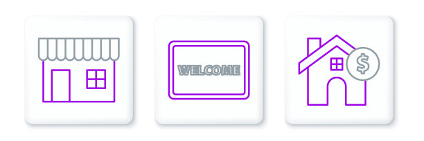 设置线房子与美元符号，购物大楼或市场商店和门垫文字欢迎图标。向量图片下载