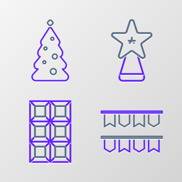 设置线嘉年华花环与旗帜，巧克力棒，圣诞之星和圣诞树装饰图标。向量图片下载