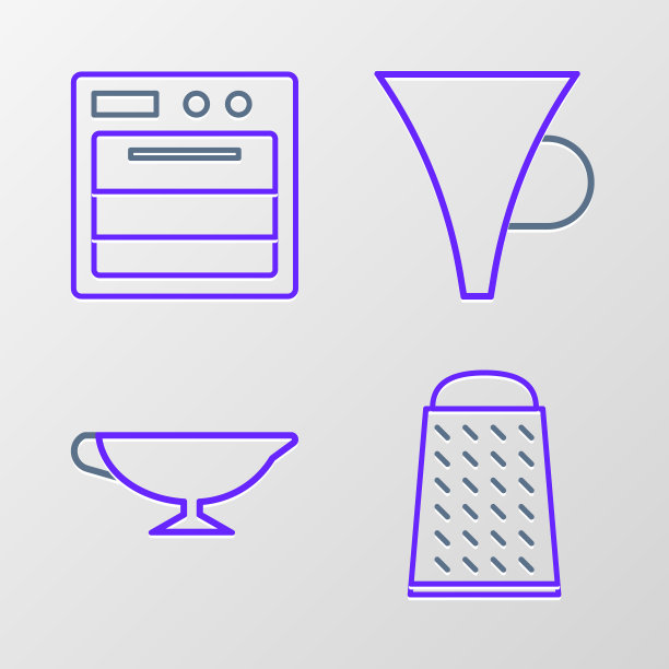 设置线磨碎器，酱船，漏斗或过滤器和烤箱图标。向量图片下载