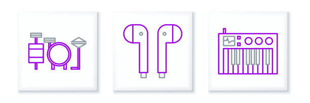 设置线音乐合成器，鼓和空气耳机图标。向量图片下载