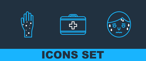 设置线男性过度出汗，手部牛皮癣或湿疹和急救箱图标。向量图片下载