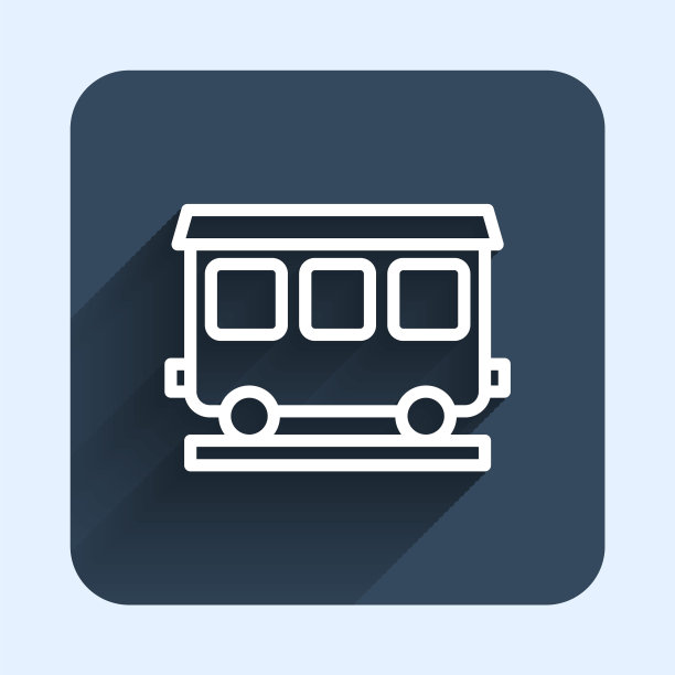 白线客运列车车厢图标与长阴影背景隔离。铁路运输。蓝色方形按钮。向量图片下载